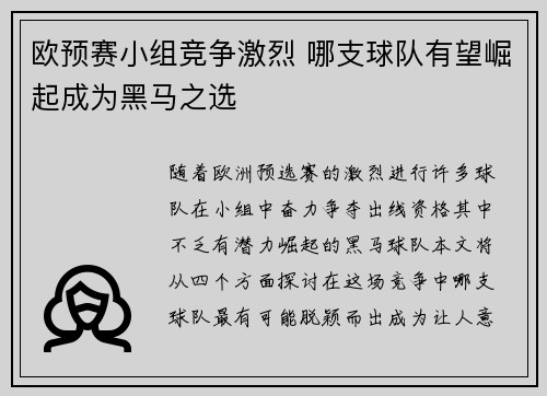 欧预赛小组竞争激烈 哪支球队有望崛起成为黑马之选