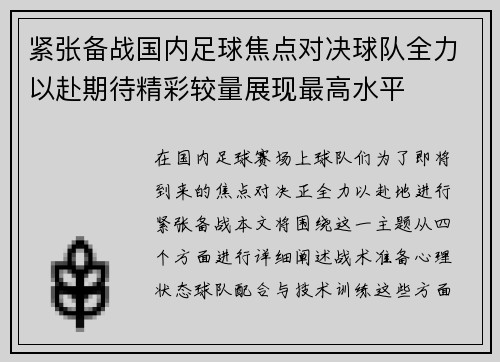 紧张备战国内足球焦点对决球队全力以赴期待精彩较量展现最高水平