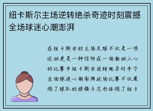 纽卡斯尔主场逆转绝杀奇迹时刻震撼全场球迷心潮澎湃